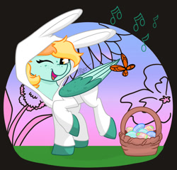Size: 1280x1225 | Tagged: safe, artist:cadetredshirt, oc, oc only, butterfly, pegasus, pony, animal costume, basket, bunny costume, bunny ears, clothes, colored wings, commission, costume, digital art, easter, easter basket, easter egg, freckles, green coat, holiday, looking at you, one eye closed, simple background, singing, solo, two toned mane, two toned wings, unshorn fetlocks, wings, wink, ych result, yellow eyes, yellow hair