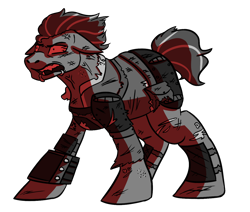 Size: 1280x1086 | Tagged: safe, artist:hiddenfaithy, oc, oc only, oc:blaze aura, earth pony, pony, fallout equestria, fallout equestria: uncertain ties, angry, armor, armored pony, bloodshot eyes, ears back, implied drug use, monochrome, pipbuck, rage, simple background, solo, transparent background