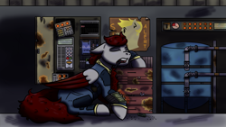 Size: 2303x1300 | Tagged: safe, artist:hiddenfaithy, oc, oc only, oc:skyfire lumia, pegasus, pony, fallout equestria, fallout equestria: uncertain ties, clothes, colored wings, colored wingtips, commission, jumpsuit, pipbuck, repairing, sleeping, solo, toolbox, tools, vault suit, wings