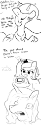 Size: 3000x9000 | Tagged: safe, artist:tjpones, princess celestia, princess luna, alicorn, pony, absurd resolution, black and white, comic, dialogue, duo, eyes closed, female, gameboy advance, grayscale, hand, implied twilight sparkle, levitation, lineart, magic, magic hands, mare, monochrome, offscreen character, old, s1 luna, siblings, simple background, sisters, telekinesis, white background, wingless