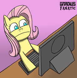 Size: 878x893 | Tagged: safe, artist:gradiusfanatic, fluttershy, pegasus, pony, g4, computer, female, keyboard, leaning back, reaction image, solo