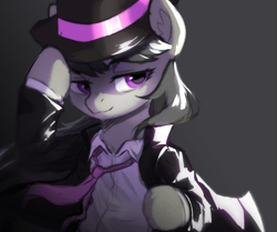 Size: 713x595 | Tagged: safe, artist:kaylemi, octavia melody, earth pony, pony, g4, clothes, female, gradient background, hat, mafia, mafia octavia, mare, necktie, solo