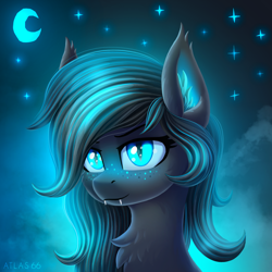 Size: 2000x2000 | Tagged: safe, artist:atlas-66, oc, oc only, oc:umbra glow, bat pony, pony, bat pony oc, bust, chest fluff, fangs, high res, looking at you, moon, portrait, signature, smiling, smiling at you, solo, stars