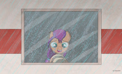 Size: 1280x772 | Tagged: safe, artist:small-brooke1998, sunny starscout, earth pony, pony, g5, female, filly, filly sunny starscout, foal, rain, solo, window, younger