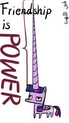 Size: 576x1023 | Tagged: artist needed, source needed, safe, twilight sparkle, alicorn, pony, g4, arabic, fake cutie mark, friendship is power, horn, impossibly large horn, long horn, simple background, solo, translated in the comments, twilight sparkle (alicorn), white background