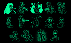 Size: 5000x3000 | Tagged: safe, artist:dipfanken, oc, oc only, balefire phoenix, phoenix, pony, unicorn, fallout equestria, game: fallout equestria: remains, bag, bullet, bush, clothes, decoration, eyes closed, fanfic, fanfic art, female, flamethrower, glowing, glowing horn, grenade, grin, gun, hacking, handgun, hiding, hiding in bushes, hooves, hopping, horn, jumping, jumpsuit, knife, levitation, looking at you, machine gun, magic, mare, optical sight, pipbuck, raised hoof, revolver, rifle, rock, scope, sitting, smiling, sniper rifle, solo, standing, telekinesis, terminal, turret, vault suit, walking, weapon