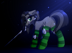 Size: 2000x1457 | Tagged: safe, artist:dipfanken, oc, oc only, earth pony, pony, armor, clothes, female, mare, mouth hold, socks, solo, striped socks, sword, weapon, zweihander