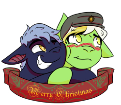 Size: 921x795 | Tagged: safe, artist:hiddenfaithy, oc, oc only, oc:raven, oc:sagittarius, bat pony, changeling, pony, blackletter, blushing, christmas, commission, duo, floppy ears, grin, happy hearth's warming, hat, holiday, hug, merry christmas, old art, one ear down, simple background, smiling, transparent background