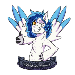 Size: 1000x1000 | Tagged: safe, artist:hiddenfaithy, oc, oc only, oc:aurora, hybrid, pegasus, pony, wolf, wolf pony, banner, claws, colored wings, colored wingtips, commission, old art, one eye closed, simple background, smiling, smirk, solo, spread wings, transparent background, vault boy pose, wings, wink