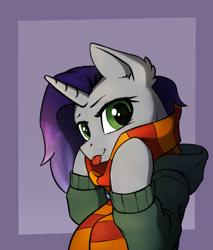 Size: 1184x1392 | Tagged: safe, artist:dipfanken, oc, oc only, pony, unicorn, clothes, hoodie, scarf, solo, striped scarf, tongue out