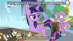 Size: 1066x600 | Tagged: safe, edit, edited screencap, editor:twi clown, screencap, spike, twilight sparkle, alicorn, dragon, pony, g4, the point of no return, book, box, caption, duo, female, image macro, implied marshmelodrama, implied rarity, mare, picture frame, text, twilight sparkle (alicorn), unamused, waterfall, winged spike, wings