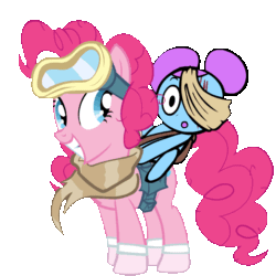 Size: 590x590 | Tagged: safe, artist:jakeneutron, pinkie pie, earth pony, pony, g4, animated, bag, bandage, clothes, crossover, duo, dusk till dawn, friday night funkin', gif, goggles, hair bun, pibby, riding a pony, saddle bag, scarf, scratches, simple background, socks, transparent background