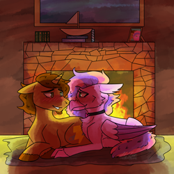 Size: 2000x2000 | Tagged: safe, artist:hiddenfaithy, oc, oc only, oc:coppercore, classical hippogriff, hippogriff, pony, unicorn, backlighting, blushing, boat, commission, cuddling, duo, fetlock tuft, fireplace, high res, lying down, mantle, rug