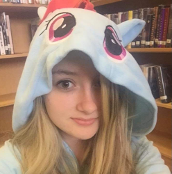 Size: 713x719 | Tagged: artist needed, safe, rainbow dash, human, g4, book, bookshelf, clothes, cosplay, costume, female, hoodie, irl, irl human, library, photo, photography, selfie, solo