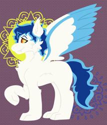 Size: 984x1149 | Tagged: safe, artist:hiddenfaithy, oc, oc only, oc:aurora, hengstwolf, pegasus, pony, werewolf, cheek fluff, chest fluff, colored wings, colored wingtips, ear fluff, fluffy, hock fluff, lineless, mandala, paws, simple background, solo, wings