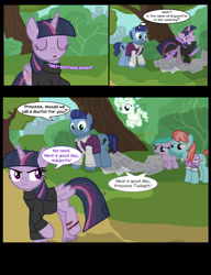 Size: 1044x1358 | Tagged: safe, artist:dendoctor, aura (g4), mean twilight sparkle, strawberry ice, vapor trail, waxton, alicorn, earth pony, pegasus, pony, comic:clone.., g4, alternate universe, clone, clothes, comic, female, filly, foal, injured, newspaper, tree, twilight sparkle (alicorn), younger