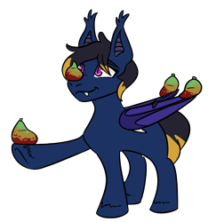 Size: 1599x1646 | Tagged: safe, artist:hiddenfaithy, oc, oc only, oc:breezy, bat pony, pony, balancing, commission, food, mango, silly, simple background, solo, transparent background