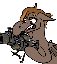 Size: 653x730 | Tagged: safe, artist:hiddenfaithy, oc, oc only, oc:umber, bat pony, pony, fallout equestria, colored, flat colors, gun, railway rifle, reloading, silly, simple background, solo, transparent background, weapon