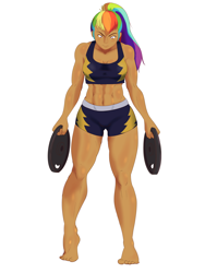 Size: 6000x8000 | Tagged: safe, artist:chedx, rainbow dash, human, equestria girls, g4, abs, absurd resolution, athletic, clothes, dark skin, feet, female, fitness, frown, gym uniform, human coloration, humanized, looking down, muscles, muscular female, ponytail, practice, practice drawing, rainbuff dash, simple background, solo, sports bra, thighs, thunder thighs, training, underwear, white background, workout, workout outfit