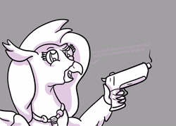 Size: 2100x1500 | Tagged: safe, artist:hemlock conium, silverstream, hippogriff, g4, best hippogriff, digital art, female, gun, meme, monochrome, power of the gun, shading, simple background, solo, text, weapon
