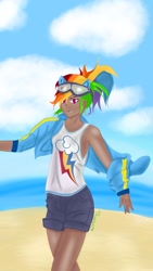 Size: 1152x2048 | Tagged: safe, artist:09thorax, artist:thorax_09, kotobukiya, rainbow dash, human, g4, beach, clothes, female, goggles on head, humanized, kotobukiya rainbow dash, shorts, sleeveless, solo, tank top