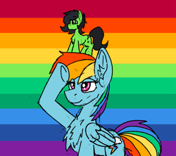Size: 1049x933 | Tagged: safe, artist:reddthebat, rainbow dash, oc, oc:filly anon, earth pony, pegasus, pony, g4, april fools, chest fluff, ear fluff, earth pony oc, female, filly, foal, folded wings, hooves, lidded eyes, mare, r/place, rainbow background, rainbow flag, reddit, salute, smiling, wings