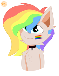 Size: 3118x4000 | Tagged: safe, artist:toxinagraphica, oc, oc only, oc:wattlan leyn, earth pony, pony, big eyes, bust, cheek fluff, chest fluff, choker, closed mouth, ear fluff, earth pony oc, fluffy, futa oc, herm, heterochromia, high res, intersex, lgbt, meme, multicolored hair, pop cat, rainbow hair, signature, simple background, smiling, solo, sticker, transparent background