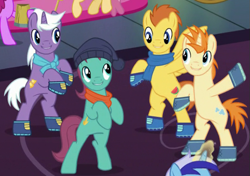 Size: 597x421 | Tagged: safe, screencap, autumn leaf, berry punch, berryshine, dawntreader, dizzy twister, melon arcade, minuette, orange swirl, sea swirl, seafoam, earth pony, pegasus, pony, unicorn, a hearth's warming tail, g4, season 6, bipedal, boots, clothes, cropped, female, grin, male, mare, offscreen character, offscreen female, scarf, shoes, smiling, spread wings, stallion, tankard, wings