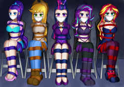 Size: 1063x752 | Tagged: safe, artist:gferriswheel, applejack, rarity, starlight glimmer, sunset shimmer, twilight sparkle, human, g4, angry, arm behind back, bondage, bound and gagged, cloth gag, gag, glare, help us, humanized, looking at someone, looking at you, rope, rope bondage, tied hair, tied to chair, tied up