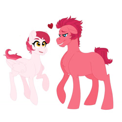 Size: 1280x1280 | Tagged: safe, artist:patchworkpupper, oc, oc only, oc:carmine luster, oc:rome red apple, earth pony, pegasus, pony, duo, female, heart, male, mare, offspring, parent:big macintosh, parent:cheerilee, parent:twilight sparkle, parent:unknown, parents:cheerimac, simple background, stallion, white background