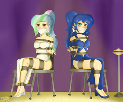 Size: 979x816 | Tagged: safe, artist:gferriswheel, princess celestia, princess luna, human, g4, abuse, angry, arm behind back, bondage, bound and gagged, cloth gag, clothes, cymbals, dress, duo, duo female, female, gag, glare, high heels, humanized, looking at someone, looking at you, rope, rope bondage, royal sisters, shoes, siblings, side slit, sisters, tied to chair, tied up, total sideslit