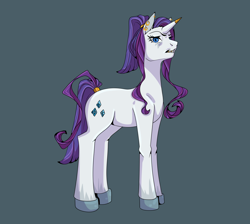 Size: 1900x1700 | Tagged: safe, rarity, pony, unicorn, g4, alternate hairstyle, blue eyes, disgusted, ear piercing, earring, gold tooth, hooves, horn, horn cap, jewelry, looking at you, piercing, ponytail, ring, simple background, solo, standing, tail, tail ring