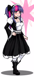 Size: 1280x2898 | Tagged: safe, artist:alcor, twilight sparkle, human, breasts, cleavage, clothes, dress, eyebrows, eyebrows visible through hair, female, frown, hand on hip, humanized, maid, maidlight sparkle, palindrome get, simple background, skirt, solo, white background