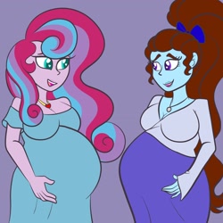 Size: 2048x2048 | Tagged: safe, artist:chelseawest, oc, oc:clarity, oc:mi amore ruby heart, equestria girls, g4, chatting, hand on belly, high res, multiple pregnancy, offspring, offspring's offspring, parent:oc:glimmering shield, parent:oc:mi amore rose heart, parents:oc x oc, petalverse, pregnant, pregnant equestria girls