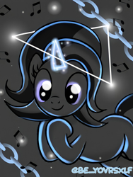 Size: 1536x2048 | Tagged: safe, artist:be_yourself, oc, oc only, oc:derpthereum, pony, unicorn, derpibooru, chains, derpibooru ponified, derpthereum, female, glowing, glowing art, glowing horn, hoof on chin, horn, mare, meta, ponified, smiling, solo, sparkling, unicorn oc