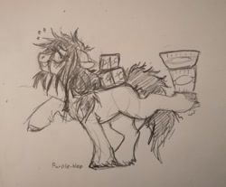 Size: 640x531 | Tagged: safe, artist:purple-blep, oc, oc only, oc:floor bored, earth pony, pony, balancing, food, noodles, ramen, sketch, solo, traditional art
