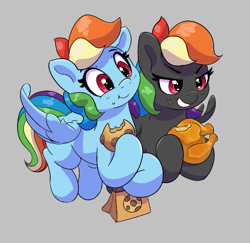 Size: 597x580 | Tagged: safe, artist:pabbley, rainbow dash, oc, oc:dark rainbow dash, pegasus, pony, g4, bag, chicken meat, chocolate chip cookie, cookie, cute, dashabetes, duo, eating, female, flying, food, gray background, grin, hoof hold, mare, meat, missing cutie mark, ponies eating meat, roasted, simple background, smiling