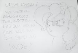 Size: 1080x734 | Tagged: safe, artist:gingerthefox, pinkie pie, earth pony, pony, g4, bust, disapproval, frown, monochrome, pencil drawing, reaction image, rude, sketch, solo, traditional art