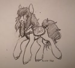 Size: 640x580 | Tagged: safe, artist:purple-blep, oc, oc:dumbwoofer, earth pony, pony, communicoat, female, mare, monochrome, ponified animal photo, service dog, service pony, simple background, sketch, solo, traditional art