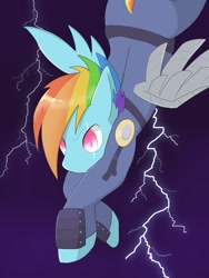 Size: 900x1200 | Tagged: safe, artist:sc_kis_rko, rainbow dash, pegasus, pony, g4, alternate timeline, apocalypse dash, artificial wings, augmented, biting, clothes, crystal war timeline, ear bite, eye scar, female, lightning, mare, scar, solo, torn ear, wings