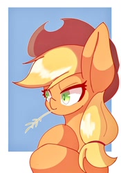 Size: 1176x1684 | Tagged: safe, artist:sc_kis_rko, applejack, earth pony, pony, g4, applejack's hat, bust, cowboy hat, female, hat, hay stalk, mare, mouth hold, passepartout, simple background, solo, straw in mouth, white background