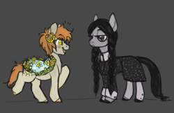 Size: 836x546 | Tagged: safe, artist:purple-blep, oc, oc:thursday, oc:wednesday, earth pony, pony, clothes, drawthread, dress, duo, female, flower, flower in hair, gray background, mare, profile, simple background, wednesday addams, weekday ponies, wingding eyes