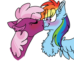 Size: 1600x1320 | Tagged: safe, artist:asexual-armadillo, cheerilee, rainbow dash, earth pony, pegasus, pony, g4, blue coat, blushing, cheeridash, chest fluff, crack shipping, ear fluff, eye clipping through hair, eyes closed, eyes open, female, lesbian, multicolored mane, neck fluff, pink coat, pink eyes, pink mane, shipping, shocked, simple background, spread wings, wavy mouth, white background, wings
