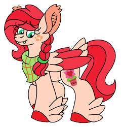Size: 954x1000 | Tagged: safe, artist:scribble-dragon, oc, oc only, oc:crimson clementine, pegasus, pony, bandana, colored hooves, colored wings, fangs, feathered fetlocks, female, freckles, looking down, mare, offspring, parent:big macintosh, parent:fluttershy, parents:fluttermac, simple background, smiling, solo, tail, tail feathers, transparent background, two toned wings, wings