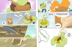 Size: 3931x2599 | Tagged: safe, artist:matchstickman, granny smith, pear butter, earth pony, anthro, comic:the other side, g4, abs, back muscles, biceps, breasts, busty granny smith, clothes, comic, deltoids, dialogue, duo, farm, female, granny smash, high res, mare, muscles, muscular female, pecs, speech bubble, teenager, vomit, vomiting, yoke, young granny smith, young pear butter, younger