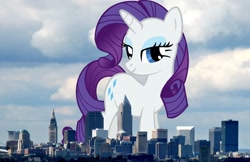 Size: 2048x1326 | Tagged: safe, artist:drewdini, artist:thegiantponyfan, rarity, pony, unicorn, g4, city, cleveland, eyeshadow, female, giant pony, giant unicorn, giantess, highrise ponies, irl, looking at you, macro, makeup, mare, mega giant, mega rarity, ohio, photo, ponies in real life, smiling, smiling at you