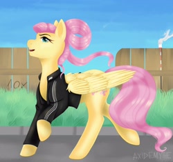 Size: 2936x2757 | Tagged: safe, artist:axidemythe, fluttershy, pegasus, pony, g4, adidas, alternate hairstyle, clothes, complex background, gopnik, high res, shirt, solo