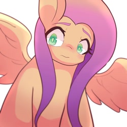 Size: 1024x1024 | Tagged: safe, artist:sc_kis_rko, fluttershy, pegasus, pony, g4, bust, female, looking at you, mare, simple background, solo, spread wings, white background, wings