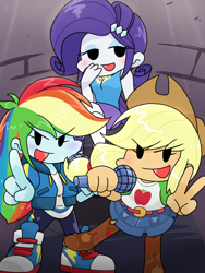 Size: 836x1110 | Tagged: safe, artist:batipin, applejack, rainbow dash, rarity, equestria girls, g4, chibi, converse, female, friday night funkin', microphone, open mouth, rarity peplum dress, shoes, trio