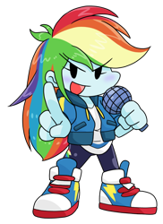 Size: 634x870 | Tagged: safe, alternate version, artist:batipin, rainbow dash, equestria girls, g4, chibi, clothes, converse, female, friday night funkin', microphone, open mouth, shoes, simple background, solo, transparent background
